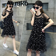 潮牌Avmko連衣裙女裝2022年新款夏季網(wǎng)紗拼接假兩件雪紡連衣裙黑色中長(cháng)款休閑A字裙 黑色 M