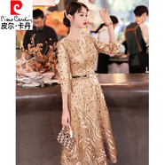 皮爾卡丹（pierre cardin）新娘敬酒服夏季高貴婚宴禮服喜婆婆輕奢小眾高端丈母娘連衣裙 金色 進(jìn)口麥穗亮片蕾絲中長(cháng)款 S