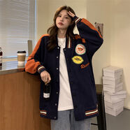 焱思泰法式復古港味撞色開(kāi)衫夾克衛衣女裝原宿風(fēng)顯瘦棒球服外套 藏青色 M 【建議80-100斤】