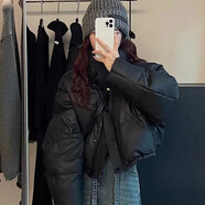 怡曼芙棉服女短款冬季厚款棉衣免洗pu皮學(xué)小個(gè)子加厚學(xué)院風(fēng)棉襖外套女 黑色 M