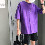 夏季ins打底衫純色短袖男女情侶港風(fēng)圓領(lǐng)寬松T恤學(xué)生班服定制 紫色可定制 L可定制