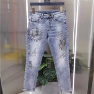 菲尼東爵（FNAADOOG）春秋季歐洲站印花牛仔褲男潮牌修身彈力小腳褲韓版潮流刺繡長(cháng)褲子 8677圖色 30