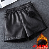 顧夕岑黑色加絨皮短褲女秋季新款時(shí)尚韓版寬松闊腿高腰百搭靴褲外穿 黑色+毛球加絨/款 L