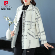 皮爾卡丹秋冬新款水貂絨外套女中長(cháng)款開(kāi)衫加厚媽m媽格子雙面絨毛呢大衣 米白 M (建議88-108斤)