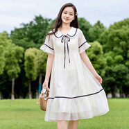 方糖姑娘學(xué)院風(fēng)連衣裙初中生少女夏季2025新款大童高中生甜美學(xué)生胖mm顯瘦 24251LX米色連衣裙 L