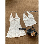 現寶蓮白色蕾絲掛脖連衣裙女早秋甜辣性感疊穿薄透修身顯打底短裙 白色蕾絲掛脖連衣裙 L