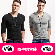 簡(jiǎn)束（JOONSVIP）長(zhǎng)袖t恤男純色棉質(zhì)修身緊身打底衫男士體恤秋冬季外穿內(nèi)搭上衣男 常規(guī)款兩件裝/黑色V領(lǐng)+花灰V領(lǐng) 3XL (86KG左右緊身)