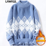 LAWKUL 毛衣男秋冬季加絨保暖厚打底毛衫線衣潮流冬裝套頭針織衫男裝 D37藍色 XL
