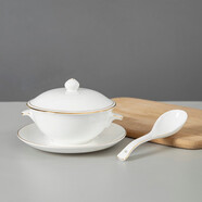 國濤骨瓷美容店養生粥碗小燉盅位甜品碗燕窩碗湯碗帶蓋陶瓷佛跳墻湯盅 金邊雙耳燉盅+碟+勺（250毫升）