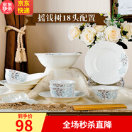 18頭碗碟套裝 家用吃飯碗筷盤子組合4人簡約歐式中式骨瓷餐具 飯碗 米飯碗送禮 餐具套裝 景德鎮(zhèn)餐具 搖錢樹18頭(配湯碗湯勺) 18件