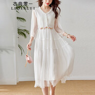衣典零一（LEDIALYI）2024夏季新款女裝高端氣質(zhì)品牌真絲連衣裙女桑蠶絲碎花長裙子夏天 白色 M（建議85-105斤）