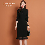 GEBASHAN 2022年秋冬針織連衣裙子女保暖加絨加厚韓版寬松蕾絲紅色打底裙過(guò)膝毛衣裙時(shí)尚女裝 黑色 S S建議80-95斤
