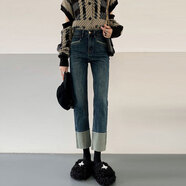 Radinka2025夏新款高腰直筒開(kāi)叉牛仔褲女寬松韓版老爹褲高腰顯瘦褲子HNF 設計感拼接復古藍【033】 XL