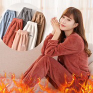 雀喜美珊瑚絨睡衣女可外穿套裝家居服加厚加絨暖暖褲仙女保暖衣秋冬季 果醬紅 均碼 【80-140斤】