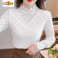 初徑蕾絲打底衫女秋冬感新款時髦洋氣修身加絨加厚內(nèi)搭長袖上衣 白色 S