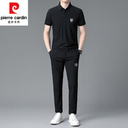 皮爾卡丹（pierre cardin）高端輕奢男士T恤桑蠶絲休閑運動套裝夏季薄款短袖長褲兩件套體恤 黑色 2XL 180【適合體重160-180斤】