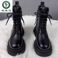 啄木鳥(niǎo)真皮厚底馬丁靴女2025新款春夏季時(shí)尚潮流英倫風(fēng)短靴秋冬加絨單靴 黑色*單里 36