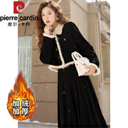 皮爾卡丹（pierre cardin）加絨加厚氣質(zhì)時尚兩件套2025新款毛領(lǐng)外套半身裙套裝女 黑色長款 S【100斤以下】