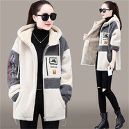 譽(yù)露短外套女加絨加厚運(yùn)動(dòng)服套裝女秋冬羊羔絨長(zhǎng)袖連帽衛(wèi)衣加厚外套女 米白深灰 M（適合110-130斤)