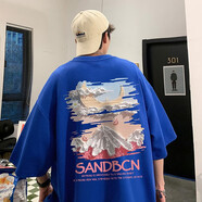 歌樸偉油畫短袖t恤男夏季寬松情侶裝中袖小眾oversize重磅純棉五分半袖 T3364-藍(lán)色 XL（建議120-145斤）