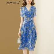ROWILUX法式高端印花v領(lǐng)雪紡連衣裙女夏季2024新款名媛氣質(zhì)收腰中長裙 藍色 s
