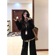LDBE拼接格子polo領(lǐng)假兩件衛(wèi)衣女秋冬設(shè)計(jì)感小眾寬松學(xué)院風(fēng)美式上衣潮 黑色【春秋薄款】 M