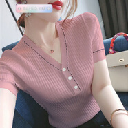 RANAD KEE 氣質(zhì)輕奢潮牌V領(lǐng)短袖T恤女夏新款韓版百搭修身顯瘦紐扣拼接 粉色 M碼適合95-110斤