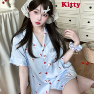 寵粉拍1發(fā)3三件套裝2024新款卡通睡衣女夏天短袖大碼家居服 3071#藍色kitty(上衣+短褲+長(cháng)褲) XL