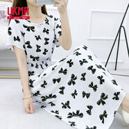 UKMR棉綢碎花連衣裙蝙蝠袖波西米亞中長(cháng)款海邊渡假沙灘碎花人造棉裙子 蝙蝠袖白底蝴蝶結 XL 建議110-120斤