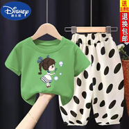 迪士尼（DISNEY）2023新款女童夏季套裝潮衣純棉短袖T恤波點褲兩件套運動衣服 (夏季套裝)綠色泡泡女孩+波點褲 140 建議身高130-140CM