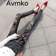 Avmko牛仔褲新款歐洲站時尚重工刺繡牛仔褲女高腰緊身顯瘦百搭小腳長褲 鑲鉆款 26【85~97斤】【一尺九】