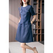 原形法式高級感亞麻連衣裙女2025夏季款韓版寬松顯瘦氣質(zhì)中長(cháng)裙 藏青色 XL
