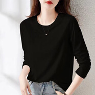 ESCURLTF 圓領(lǐng)打底衫女內(nèi)搭春秋薄款寬松百搭緊身T恤長袖上衣外穿體恤 純黑長T L 105-130斤