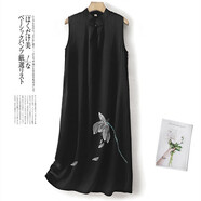 蘑菇同學(xué)無(wú)袖旗袍式連衣裙女2025夏季新款國(guó)風(fēng)氣質(zhì)手繪印花盤(pán)扣立領(lǐng)長(zhǎng)裙子 黑色 2XL 建議125-145斤