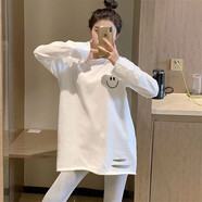 妃麗慕尚秋季韓版寬松百搭純棉破洞長(cháng)袖t恤女磨毛加厚中長(cháng)款打底衫上衣潮 【磨毛】A2929白色 M