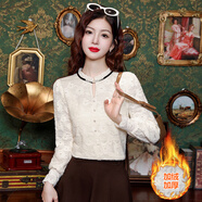 芷依麗（ZHIYILI）加絨加厚打底衫女2024秋冬新款蕾絲拼接長(cháng)袖襯衫上衣氣質(zhì)減齡小衫 杏色(加絨加厚) XL