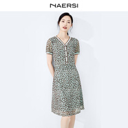 娜爾思（NAERSI）時(shí)尚豹紋印花v領(lǐng)顯瘦收腰連衣裙新款通勤裙 灰孔雀藍(lán)色 M 38