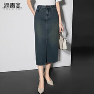 海青藍(lán)復(fù)古牛仔半身裙女a(chǎn)字中長(zhǎng)款裙子2024秋季新款高腰顯瘦開(kāi)叉簡(jiǎn)約 藍(lán)色 S
