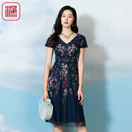 漁（FC SG）漁牌仙氣長裙收腰連衣裙子女夏季2023新款刺繡花V領(lǐng)長裙FGFA0073 藍(lán)紫 M