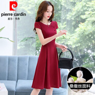 皮爾卡丹（pierre cardin）桑蠶真絲連衣裙子女夏季2024新款媽l媽裝小個子收腰顯瘦 酒紅色 3XL 140-155斤穿