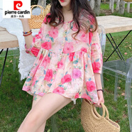 皮爾卡丹娃娃衫上衣夏季女韓版寬松襯衣甜美洋氣a字蓬蓬碎花小衫中袖襯衫 粉色山茶花 S 建議100斤以下
