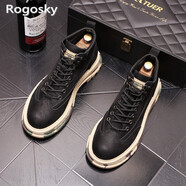 Rogosky 香港潮牌馬丁靴男英倫風(fēng)中幫休閑迷彩底工裝短靴秋冬復古系帶 黑色1 42 （皮鞋碼）