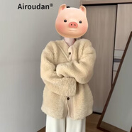 艾柔丹奶黃色仿羊羔毛外套女秋冬季新款女裝時(shí)尚韓系溫柔毛絨短款棉衣服 外套 S