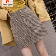 皮爾卡丹（pierre cardin）新款格子毛呢半身裙女2025秋冬季韓版顯瘦洋氣A字裙小香風(fēng)小短裙 卡其色 S 有安全褲