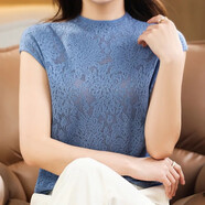 艾佳品t恤包袖蕾絲短袖冰絲針織衫女半高領(lǐng)勾花鏤空短款洋氣內(nèi)搭上衣女 DX0281灰藍(lán)色 L 建議115-130斤