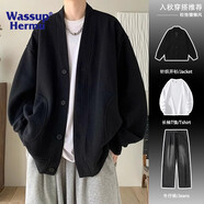 WASSUP HERMU官方外套男女春秋季大碼華夫格衛(wèi)衣男日系慵懶松弛風(fēng)針織開衫夾克 黑色 XL （推薦130-150斤）