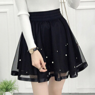HKPK半身蕾絲紗紗裙半身裙黑色網(wǎng)紗蓬蓬短裙春夏女防走光高腰短裙a字 釘珠款帶短 S 均碼