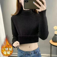 珞妮半高領針織衫女秋冬新款女裝修身顯瘦毛衣女蕾絲內搭打底衫上衣 黑色（加絨） 均碼 建議80-140斤