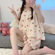 TULX吊帶睡衣女夏季棉2023年新款日系甜美少女夏天公主風(fēng)家居服套裝 849#吊帶草莓 杏色 M 80-100斤
