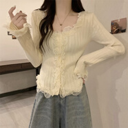 DXOT休閑甜美公主風(fēng)蕾絲拼接木耳邊針織衫外套長袖毛衣女早秋純欲辣妹 杏色 均碼 【建議120斤以內(nèi)】